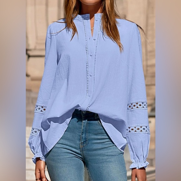 Light Blue Peasant Embroidered Top | Long Sleeve & Buttons | Cotton | M | New - Picture 5 of 14